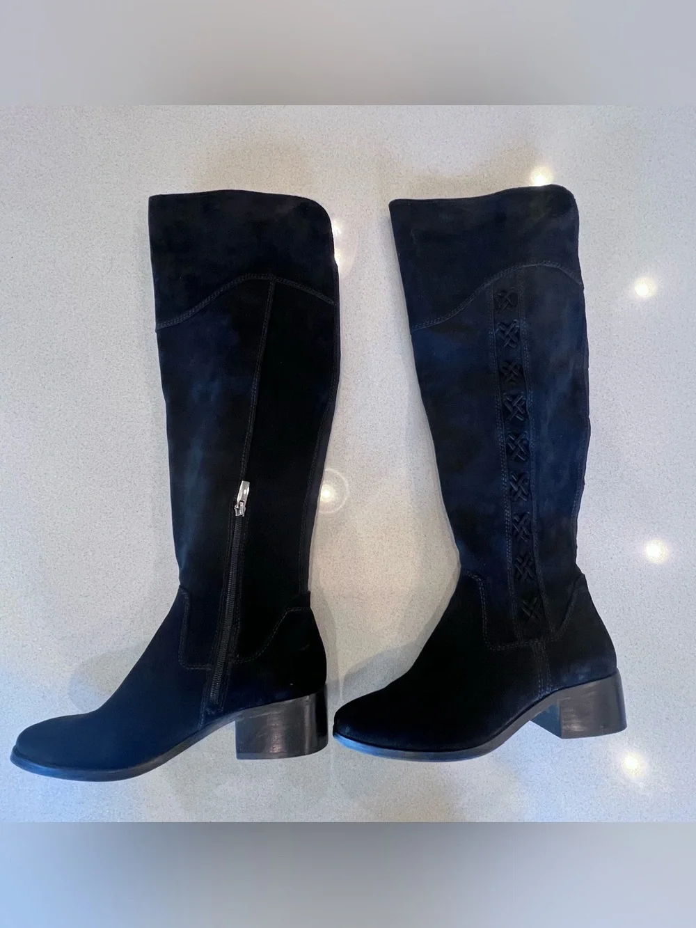 Black Suede Leather Knee High Boots Vince Camuto Sz 8 1/2 Kreesell Braid Detail